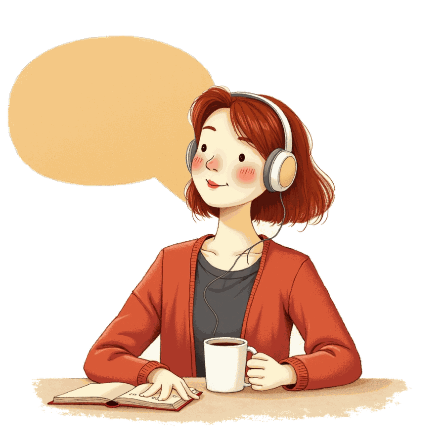A woman in a vermilion cardigan, headphones on, reading the morning diary